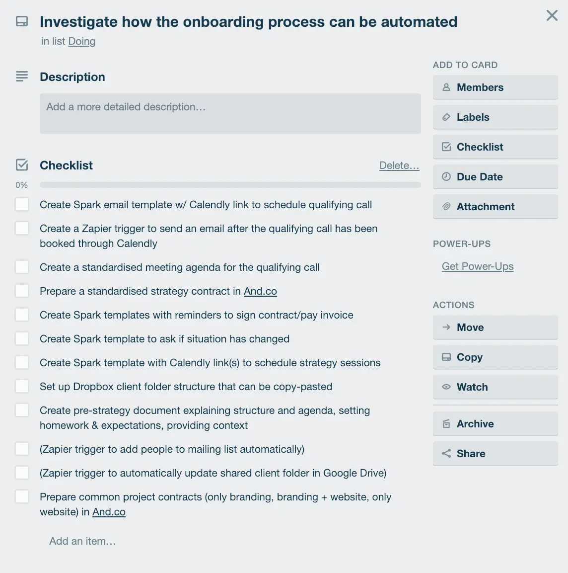 Screenshot of Trello card containing the to-do list